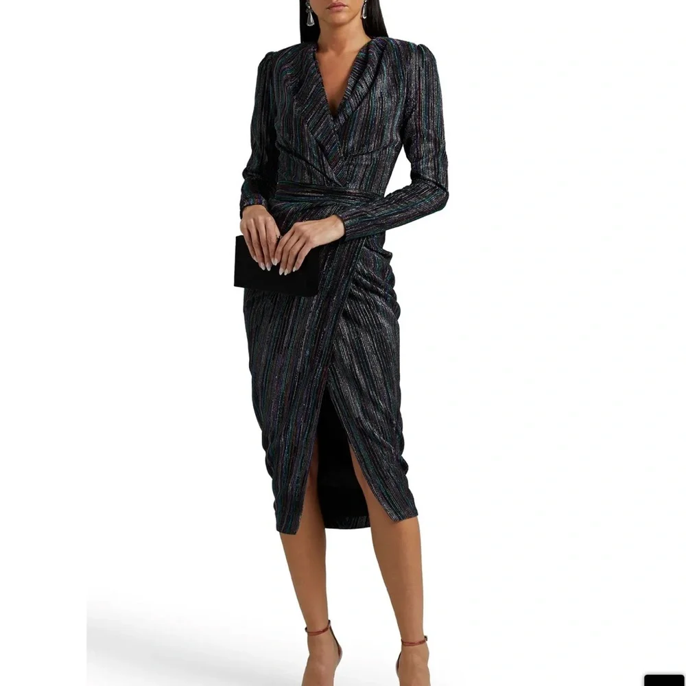 Rhea Costa evening metallic multicolored long sleeve dress